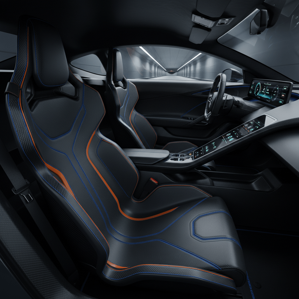 Futuristic sports car cockpit with carbon fiber seats and electric blue contrast stitching.
