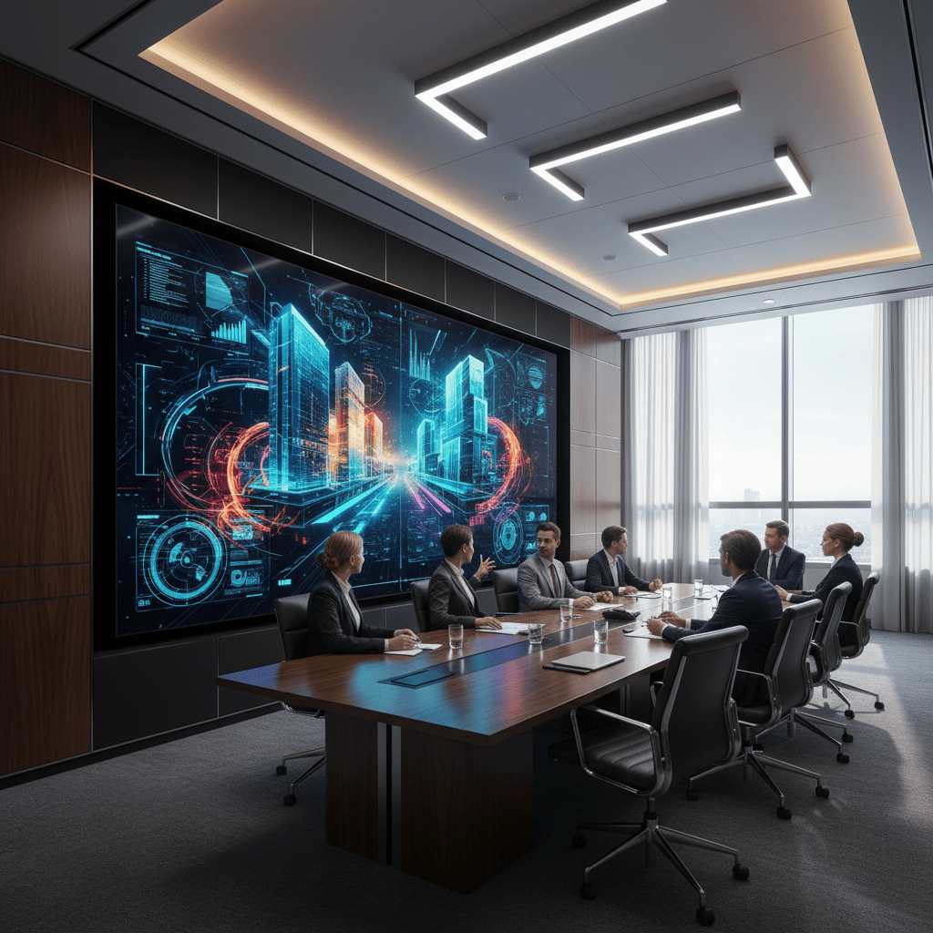 Executive meeting with a large display showing 3D architectural renderings and data visualizations.