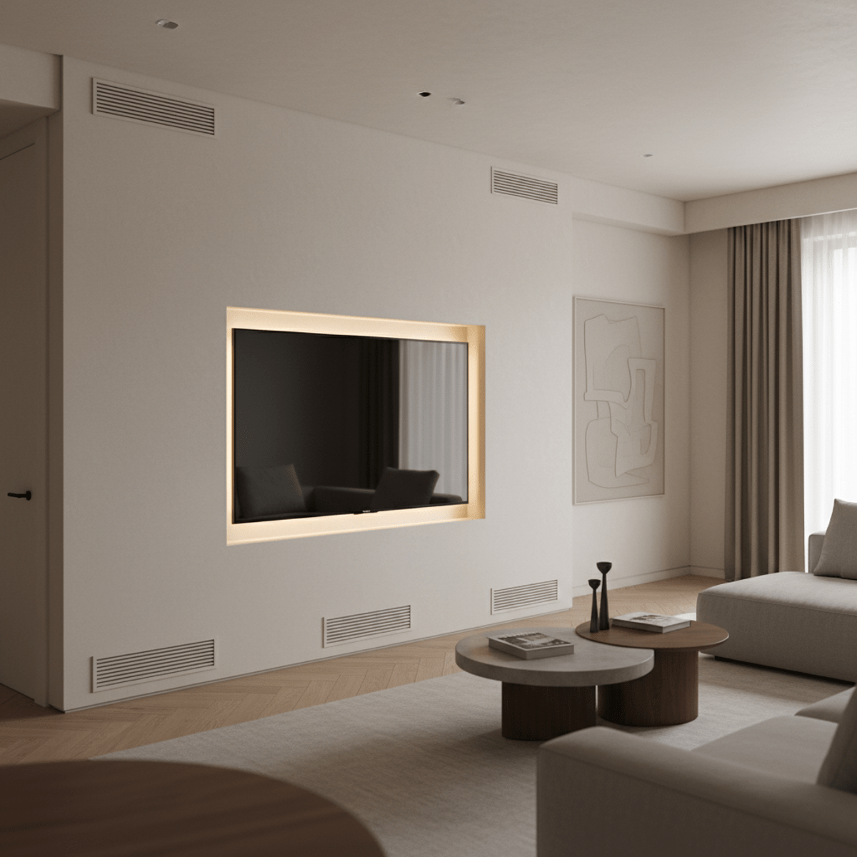 Luxury modern living room with flush-mounted TV in a recessed wall niche.