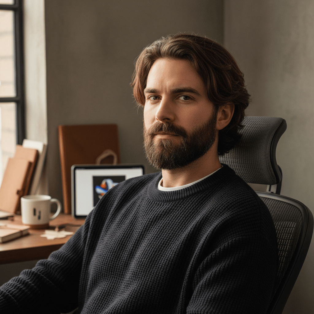 Creative professional with goatee and stubble in a relaxed, well-lit workspace.