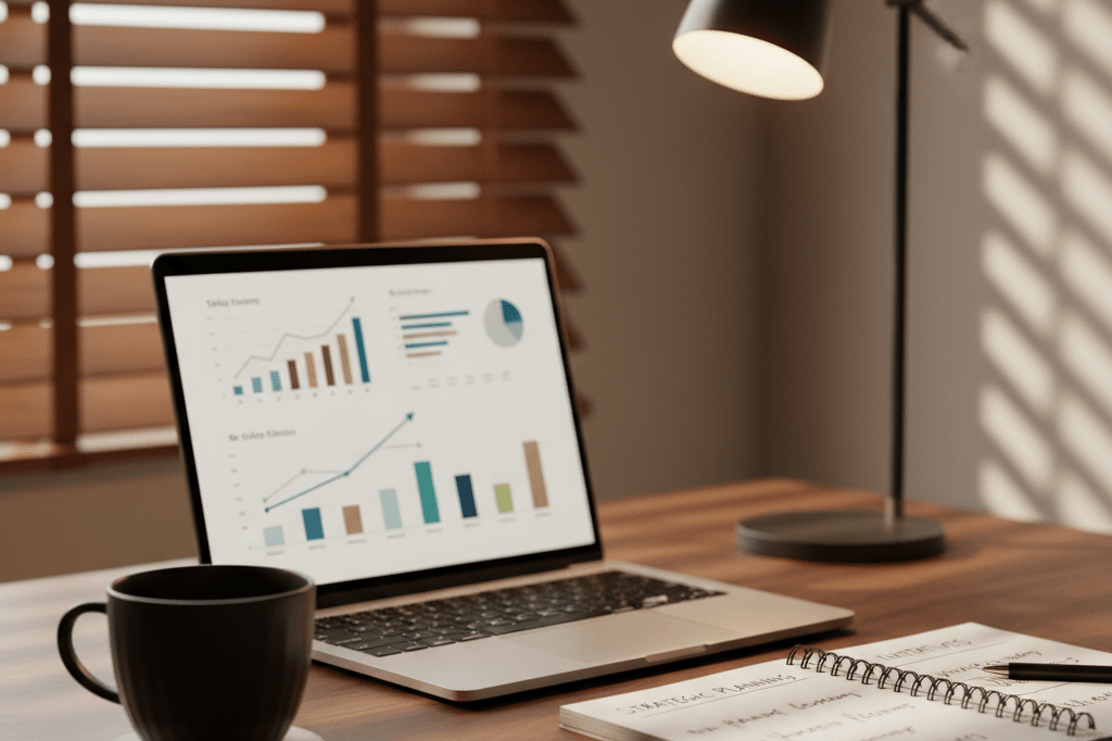 Close-up view of a tidy desk setup featuring sales graphs, notepad, and coffee, symbolizing strategic business planning