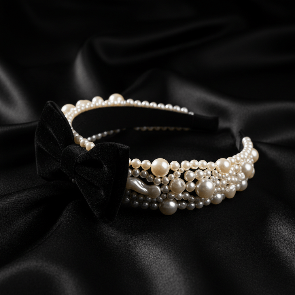 Elegant pearl-encrusted bow headband on black silk, showcasing luminous faux pearls.