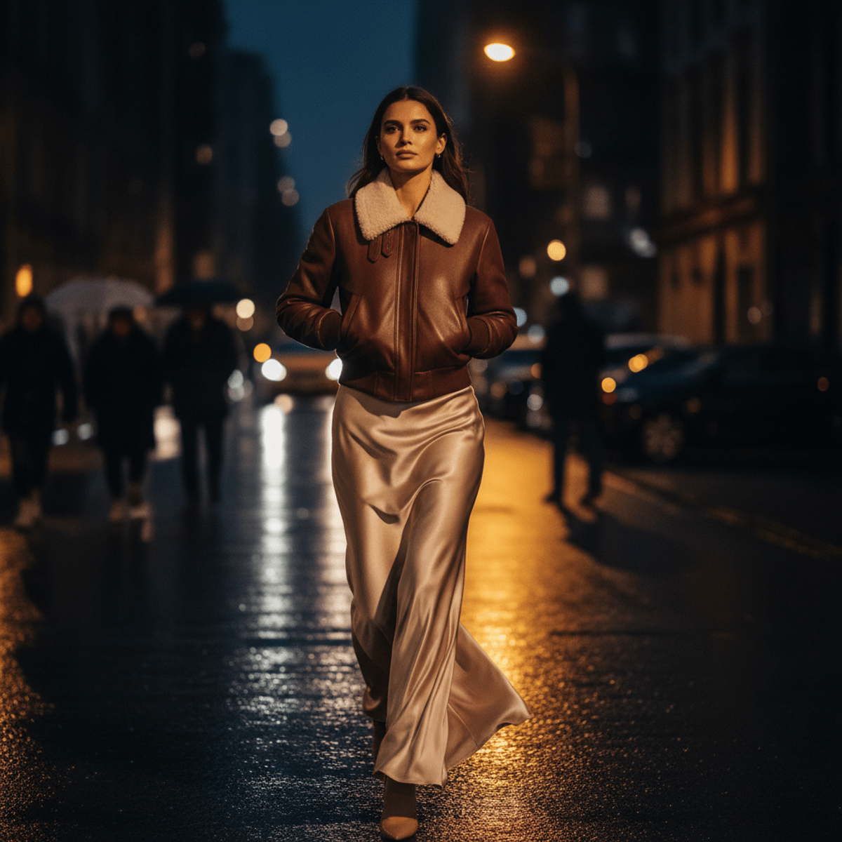 Brown leather bomber jacket with shearling collar and satin skirt on urban street.