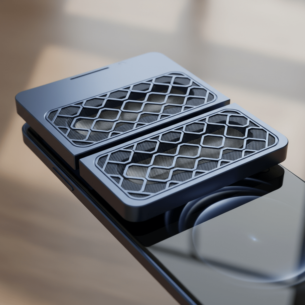 Sleek sliding smartphone reveals dual premium stereo speakers with metal grilles and acoustic fabric.