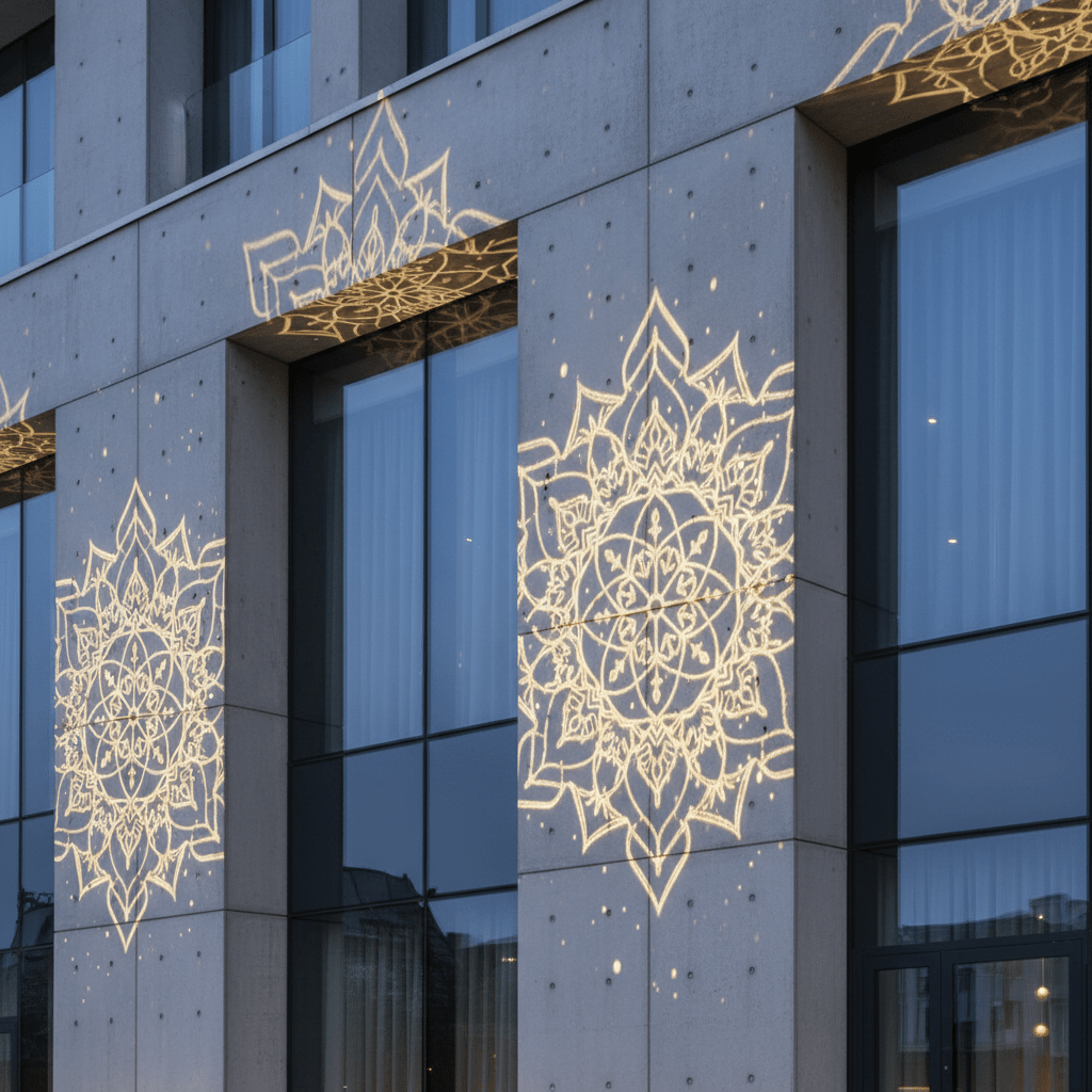 Luxury hotel facade with champagne gold mandala holiday lights on concrete and glass.