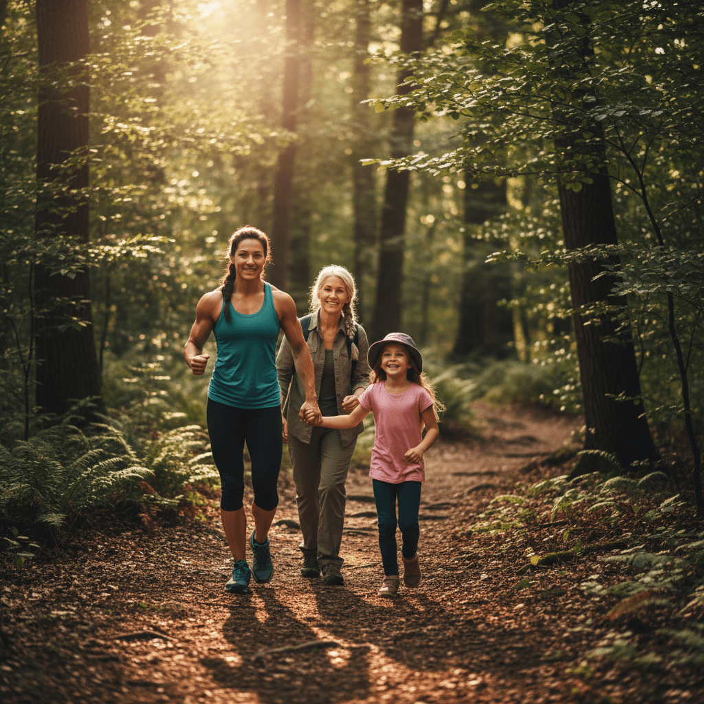 Three generations hike a sunlit forest trail, connecting through nature.