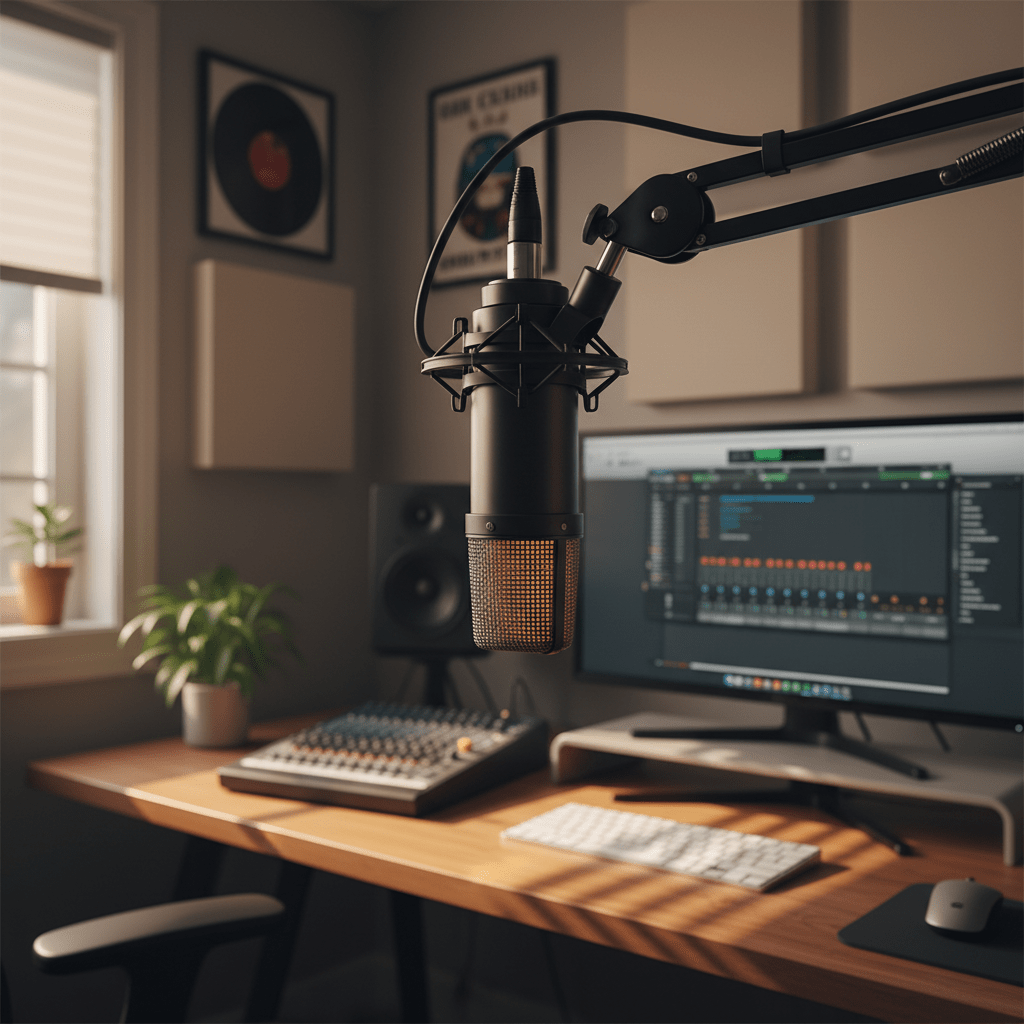 Dynamic broadcast microphone on boom arm in modern home studio, brushed steel.