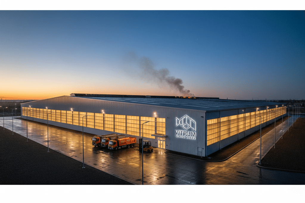 Wide shot of an industrial building with faint smoke rising under soft evening lights, symbolizing recovery after disruption