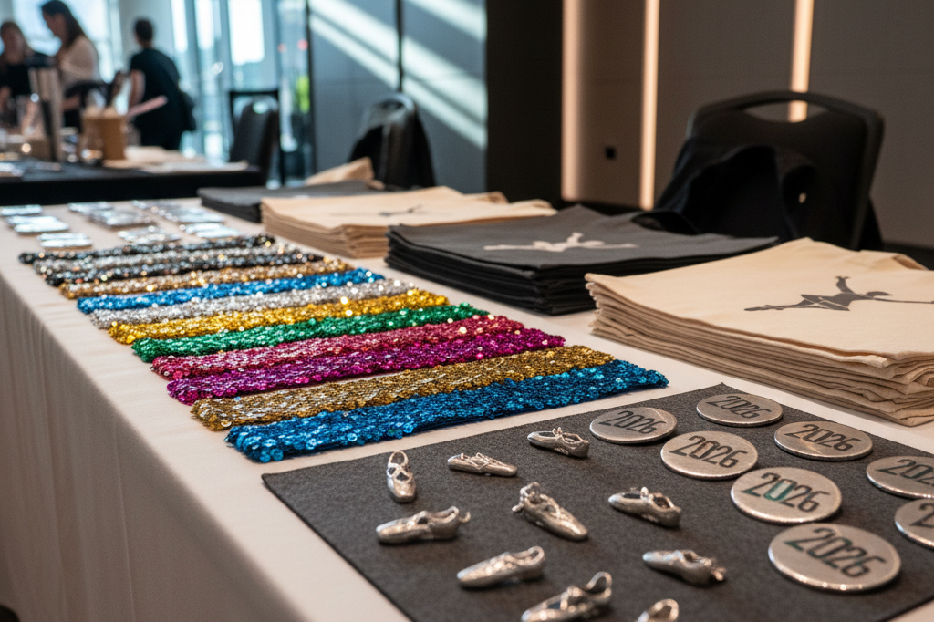 Medium shot of dance-themed merchandise on a white table at a convention, including pins, wristbands, and tote bags under natural arena lighting