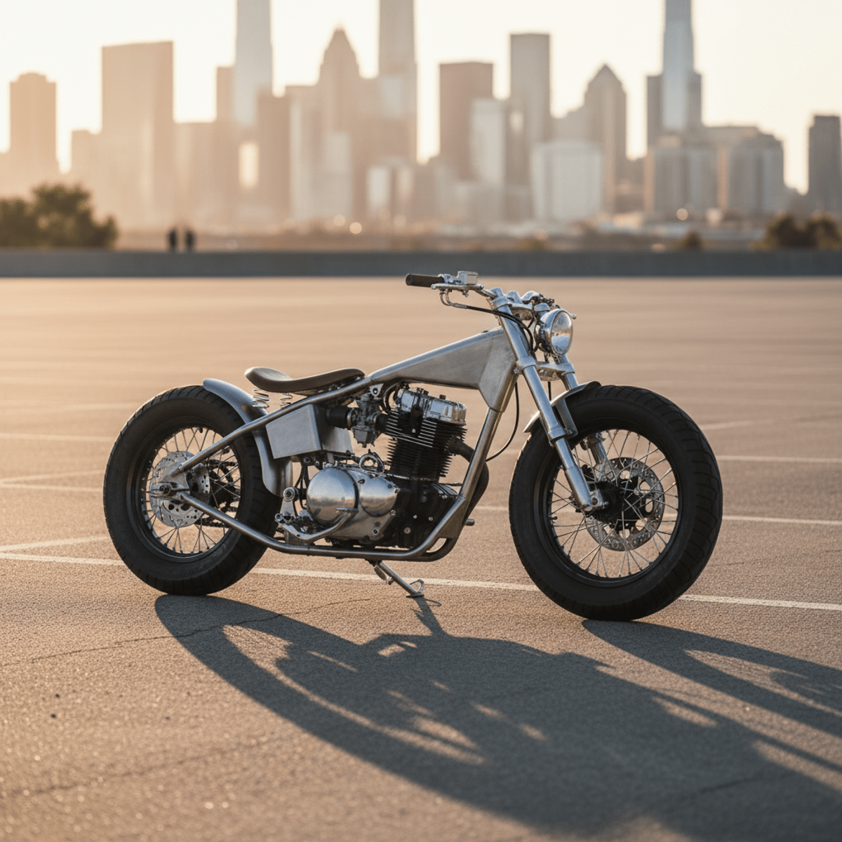 Customizable bobber motorcycle parked at sunset Minimalist 250cc bobber motorcycle with brushed steel in golden hour light.