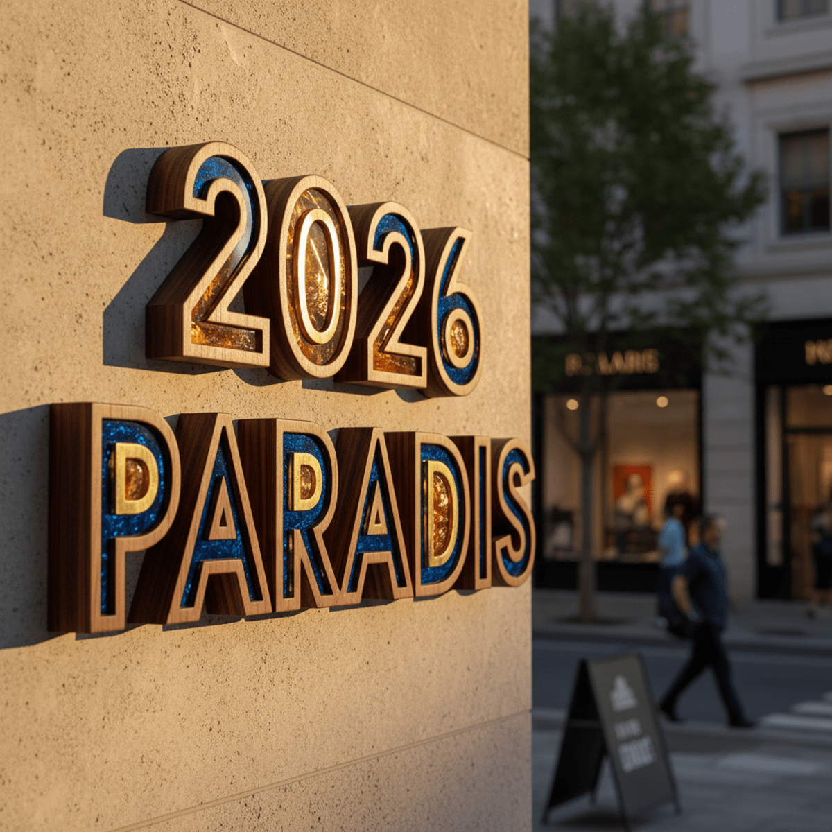 Luxury hotel sign crafted from hardwood with brass, acrylic, and resin inlays.