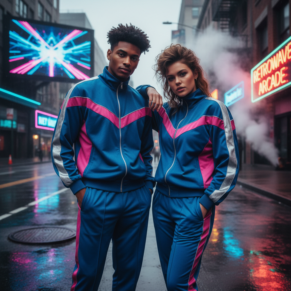 Models in electric blue and hot pink 80s urban tracksuits with metallic accents.