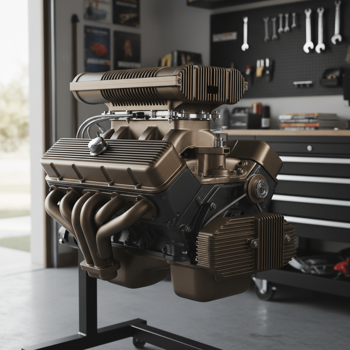 Assembled neo-retro motor with matte bronze finned components on a garage stand.