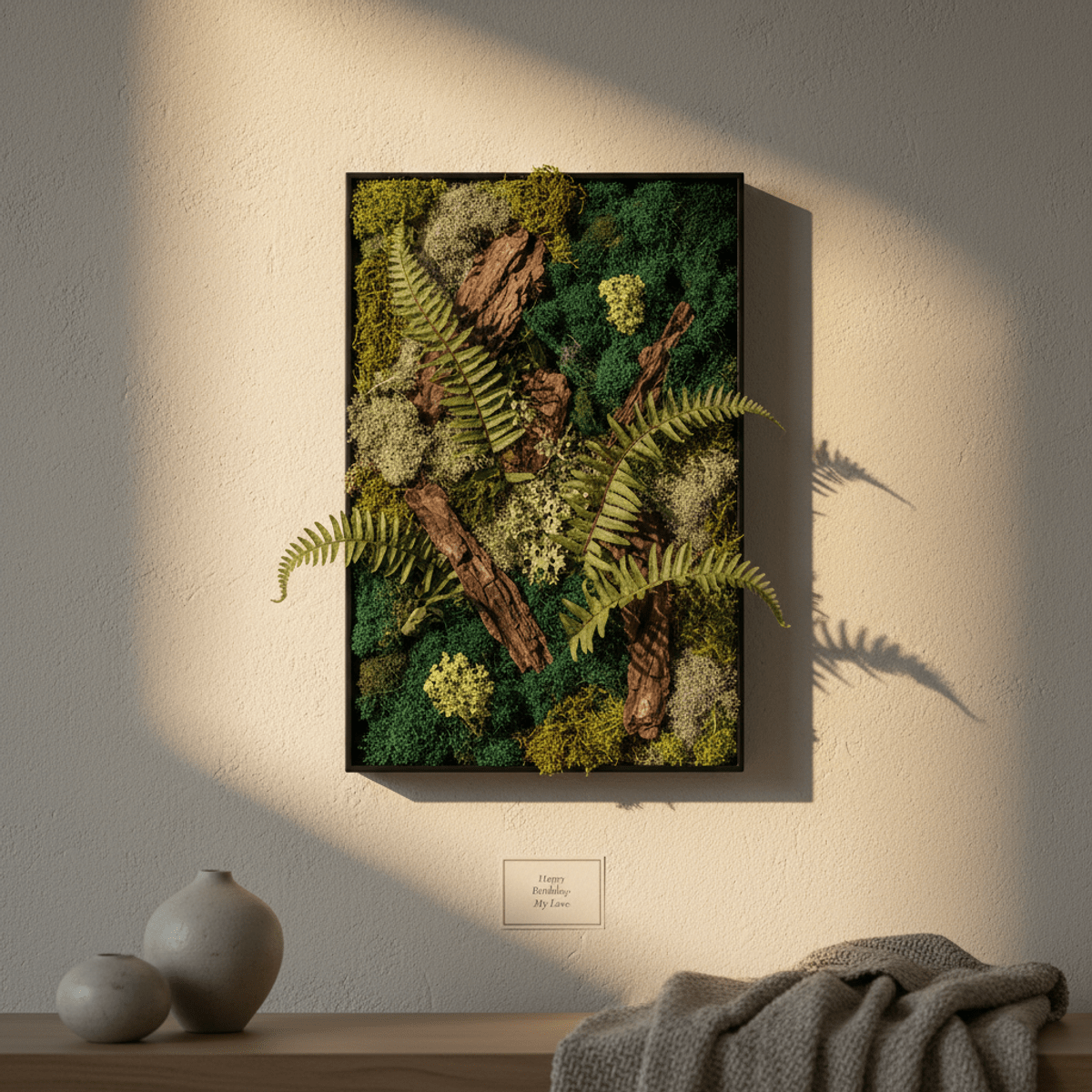 Vibrant preserved botanical wall panel with emerald moss and ferns.