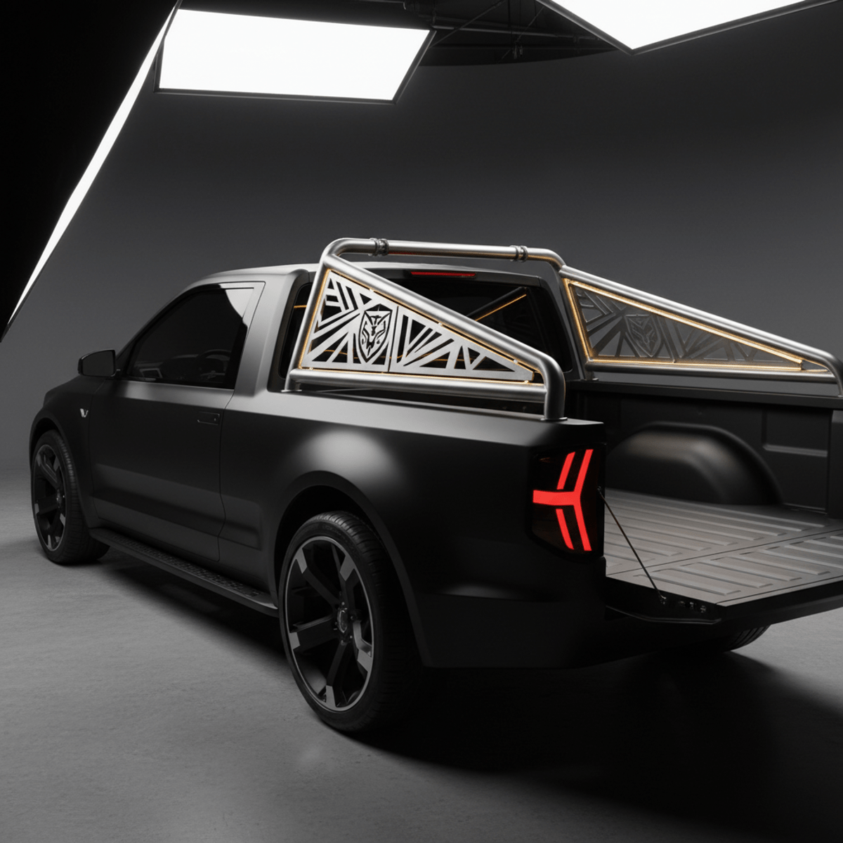 Close-up of truck roll bar with laser-cut abstract metal panels and golden backlighting.