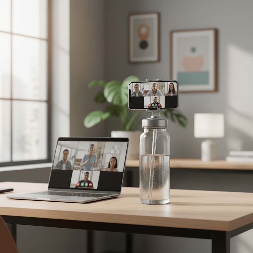 Frosted glass water bottle with magnetic phone holder on wooden desk during video call.