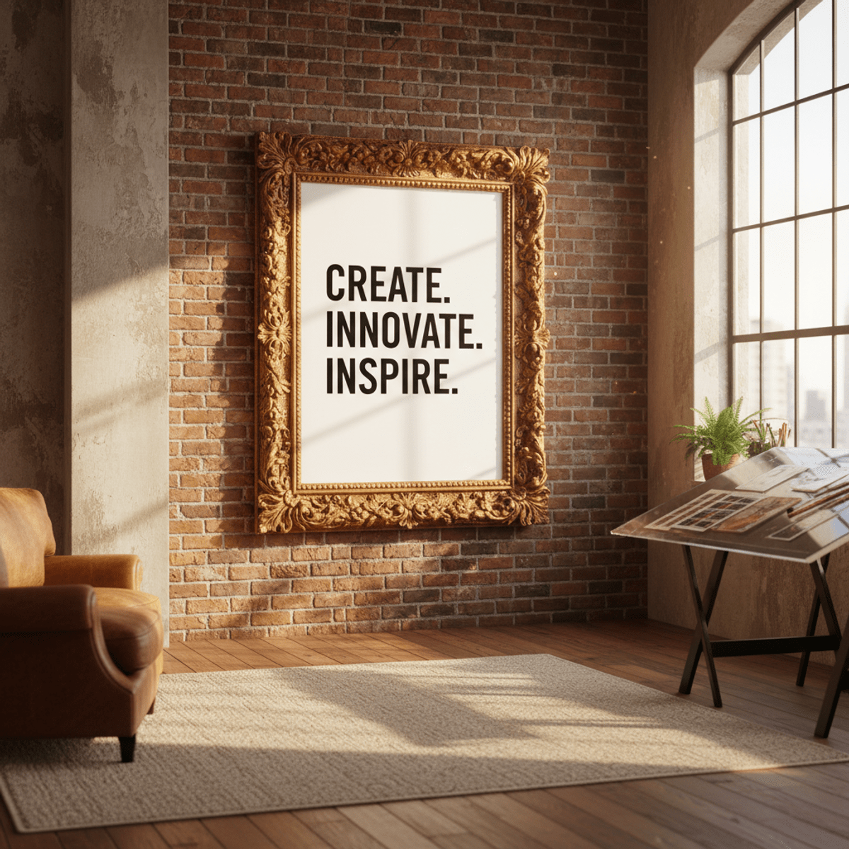 Rococo-framed typography poster in a sunlit loft Modern typography poster with rococo border in a loft with golden hour light.