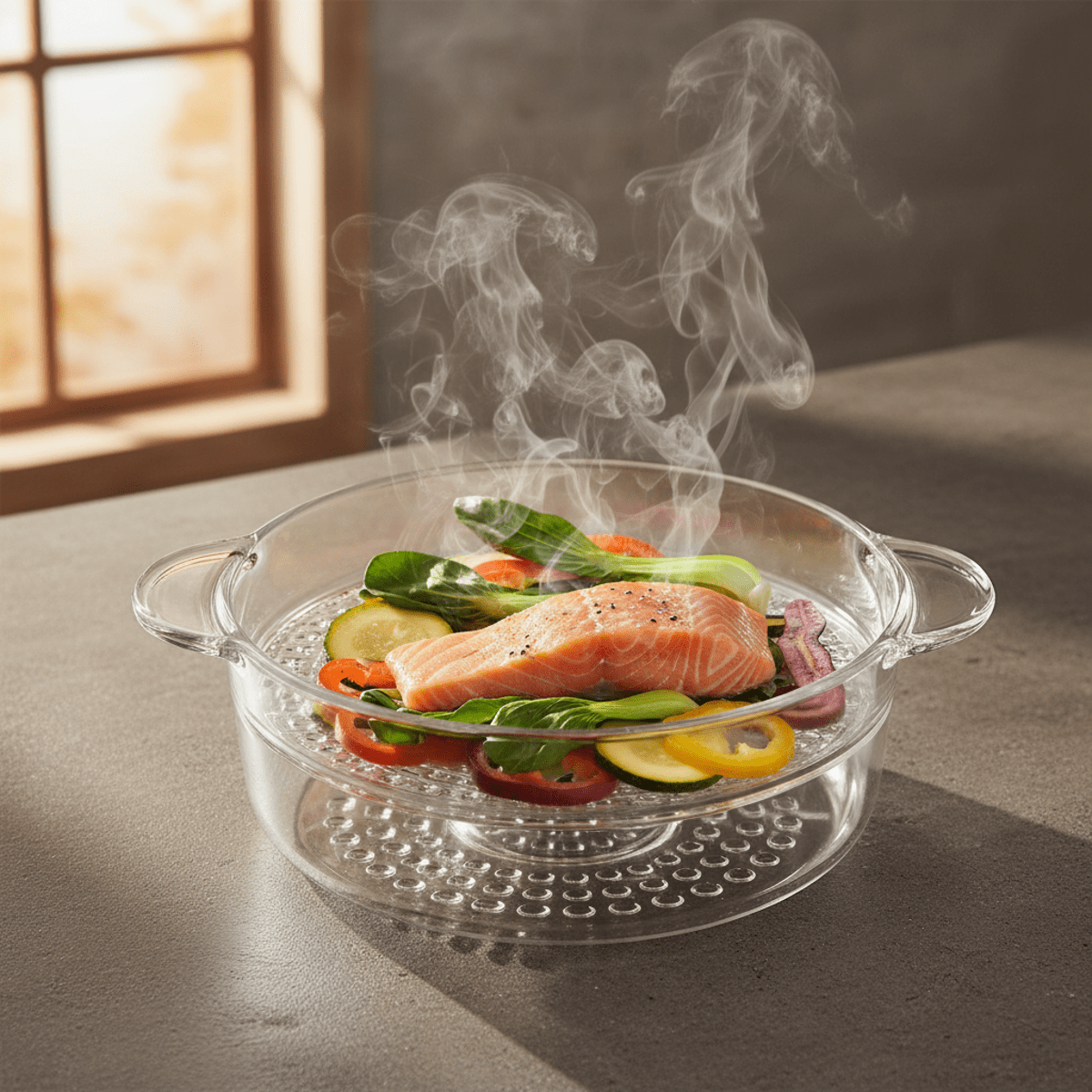 Overhead view of glass pot steaming salmon, bok choy, and vegetables.