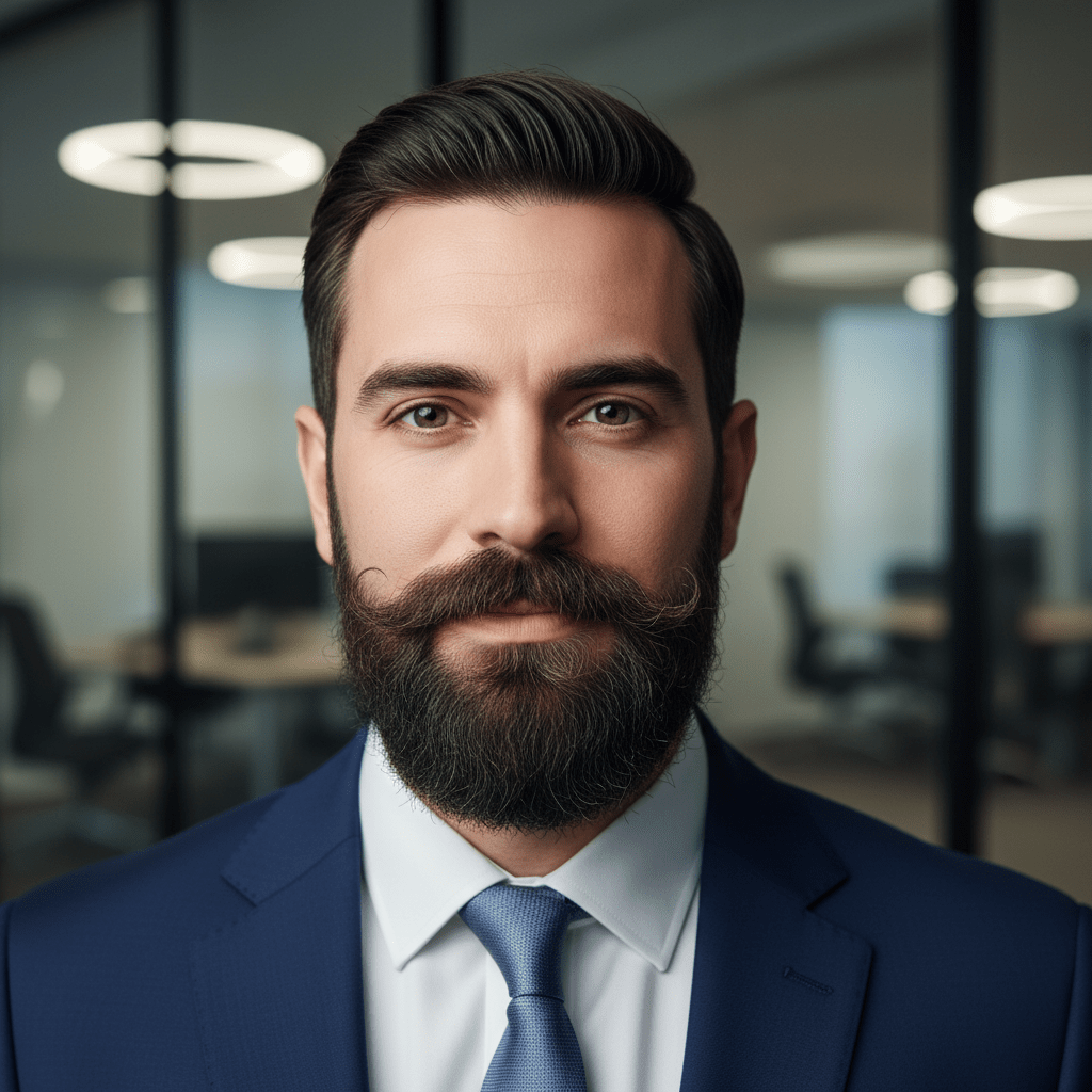 Modern man with a perfectly symmetrical circle beard in a sharp navy suit.