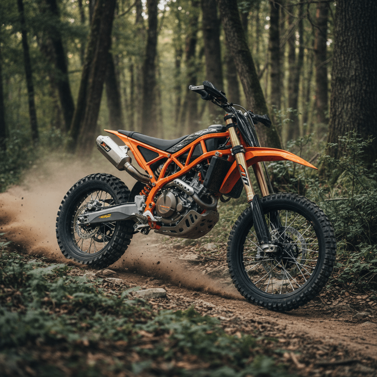 Lightweight orange off-road motorcycle with knobby tires on a steep rocky forest trail.