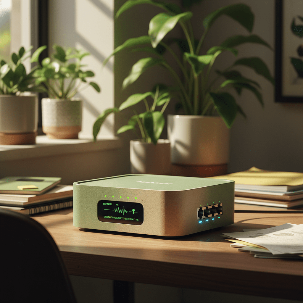 Futuristic eco-friendly modem router in a sunlit, plant-filled home office.