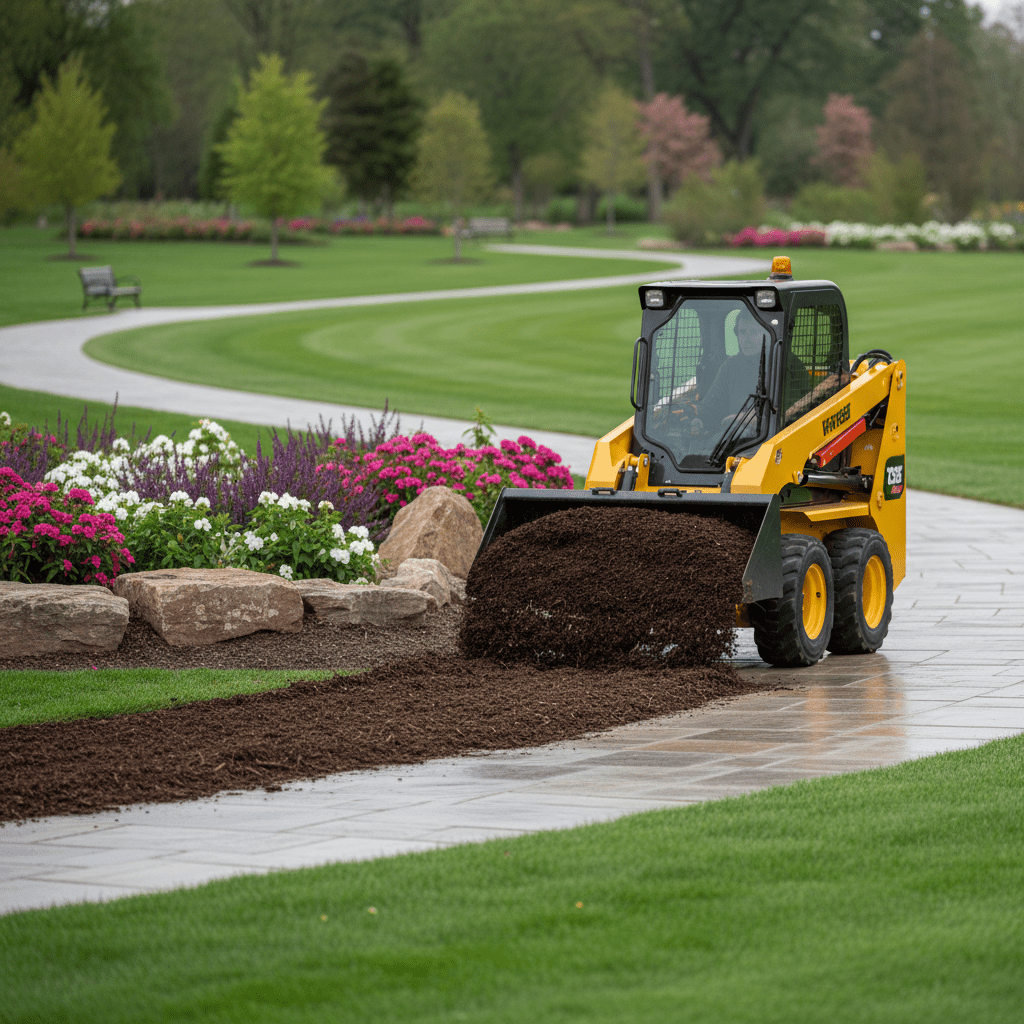 Compact skid loader delivers dark mulch in a landscaped park with lawns and shrubs.