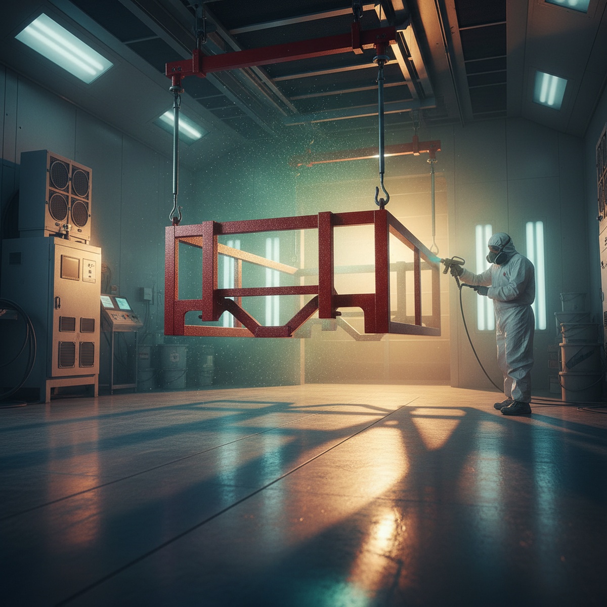 Red metal wagon frame in industrial coating booth with eco-friendly powder.