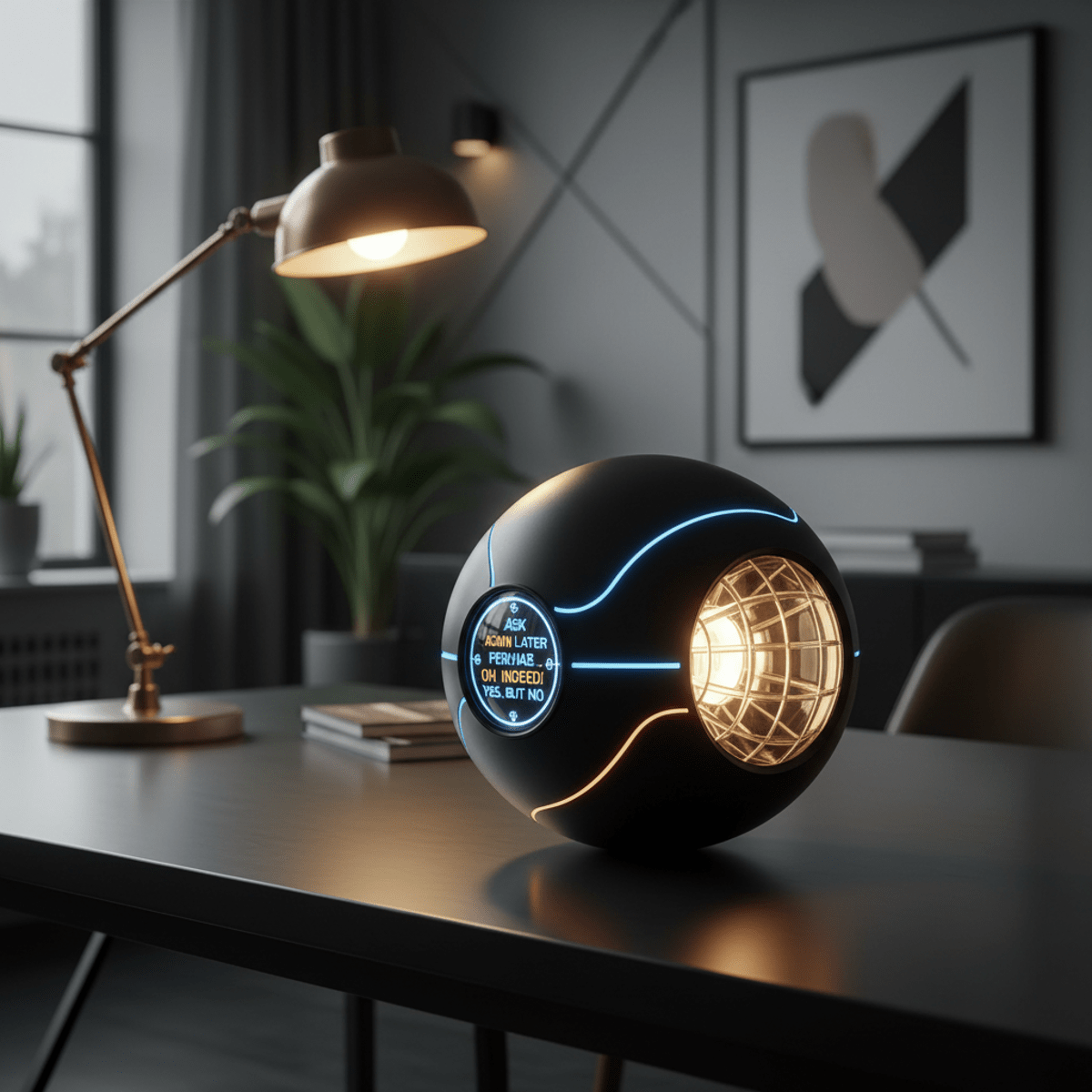 Futuristic decision sphere glowing in a modern office. Matte black decision sphere with glowing core in a stylish workplace setting.