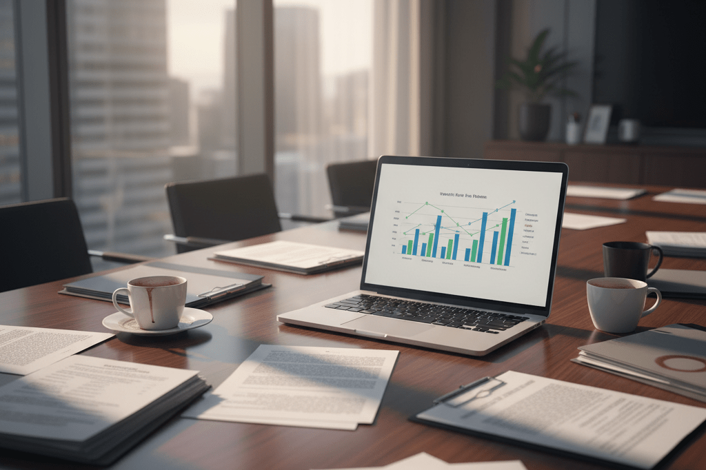 Unresolved business partnership tensions symbolized by negotiation items Modern office table with legal papers, laptop showing graphs, and coffee cups under natural light, representing distributor disputes