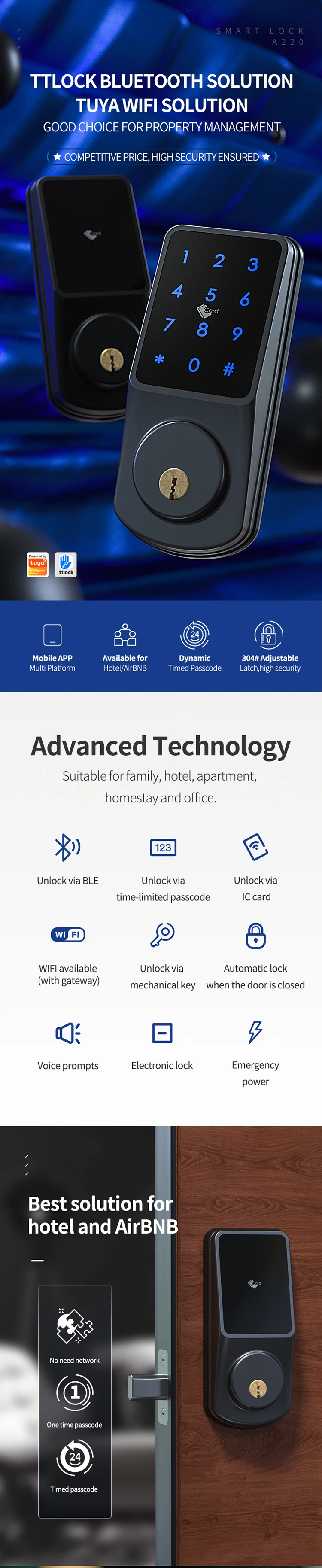 Factory Customized apartment Keyless Password electronic deadbolt smart door lock