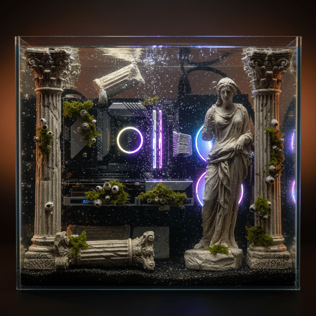 Computer submerged in Greco-Roman ruins with shimmering mineral oil and faux moss.