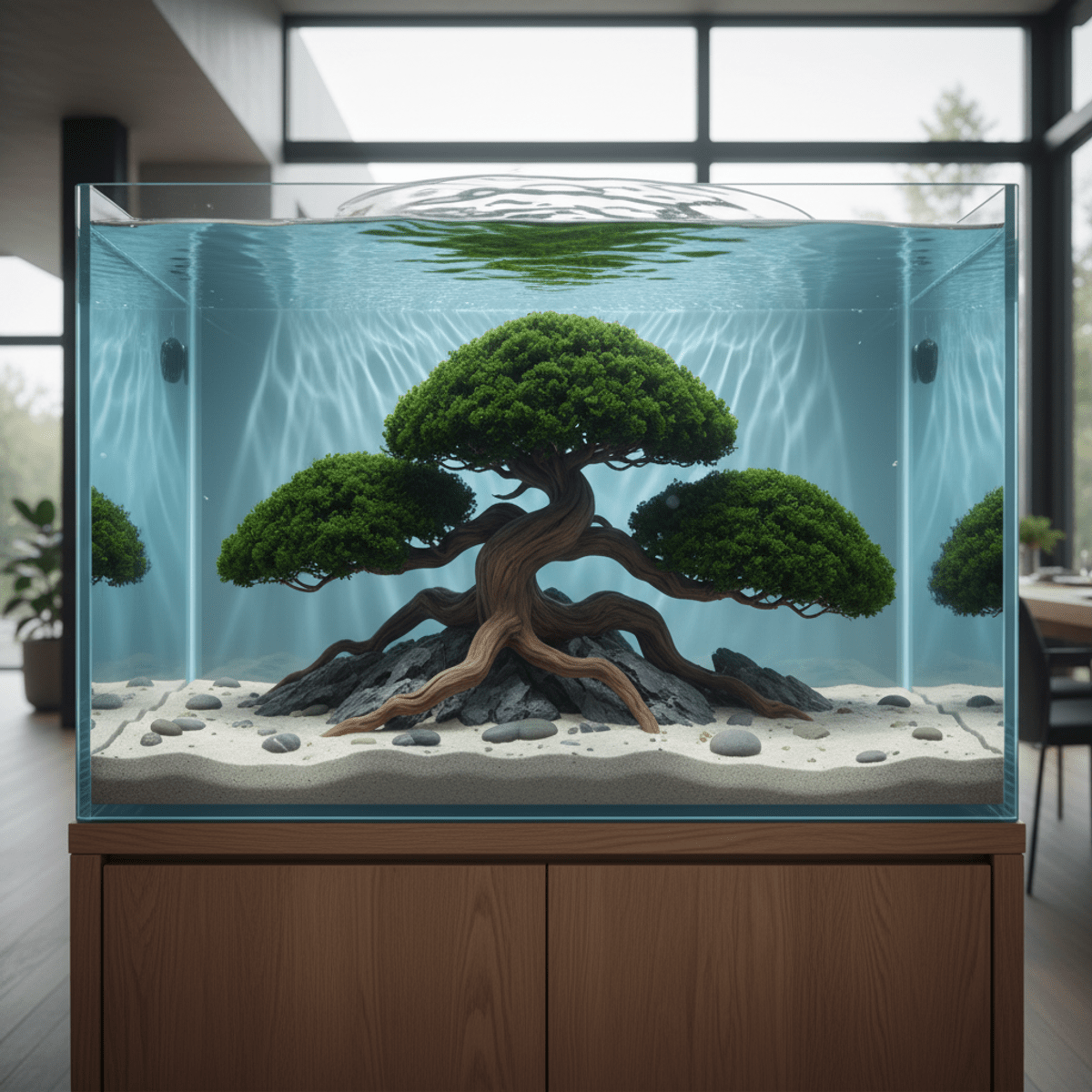 Modern zen aquarium with underwater bonsai tree illusion and moss canopy.
