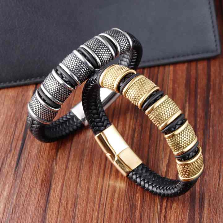 Stainless Steel Magnetic Buckle Men's Leather Bracelet Multilayer