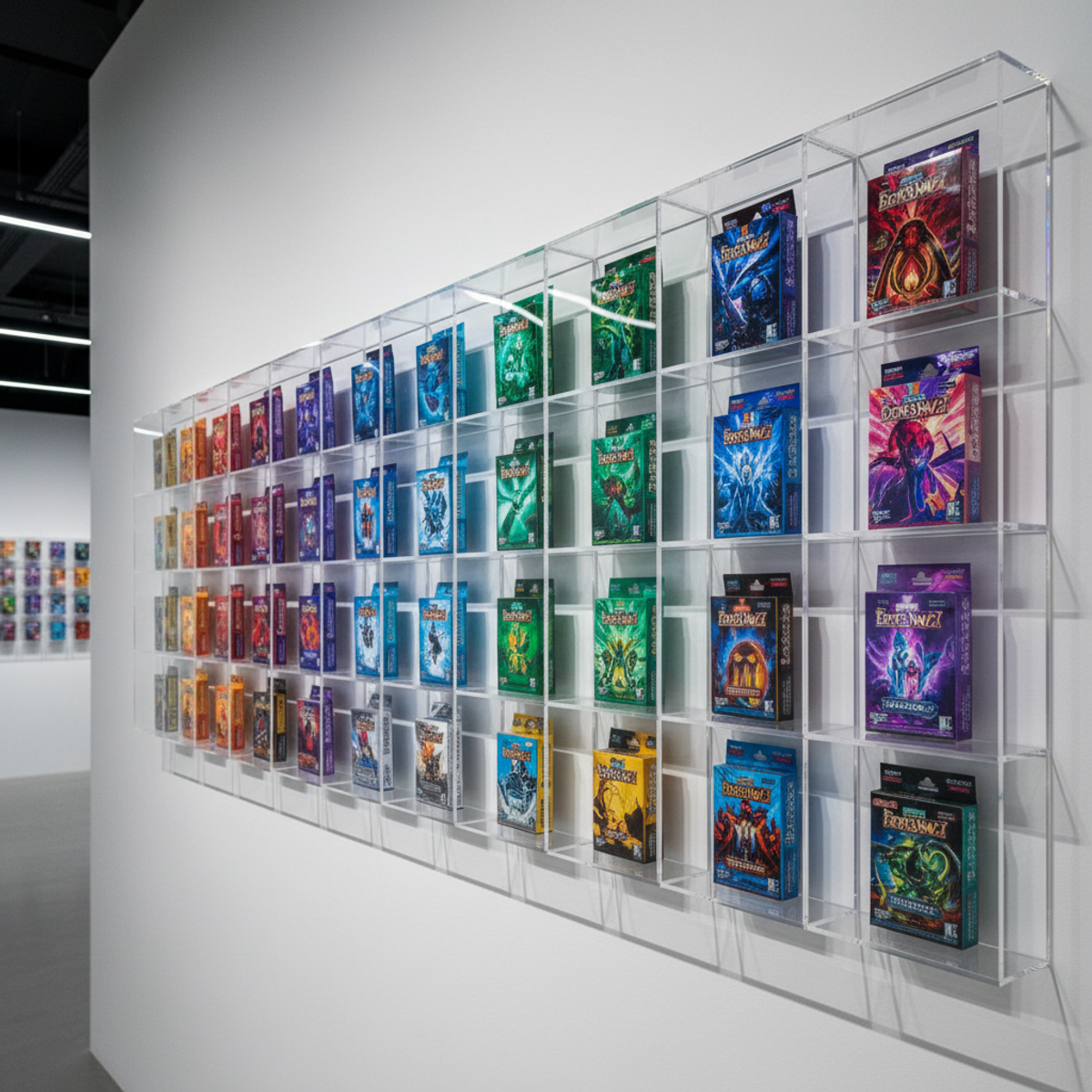 Futuristic 2026 trading card display with acrylic cubes and vibrant color gradients.