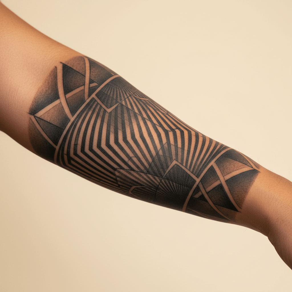 Monochrome geometric tattoo with optical illusion on forearm skin.