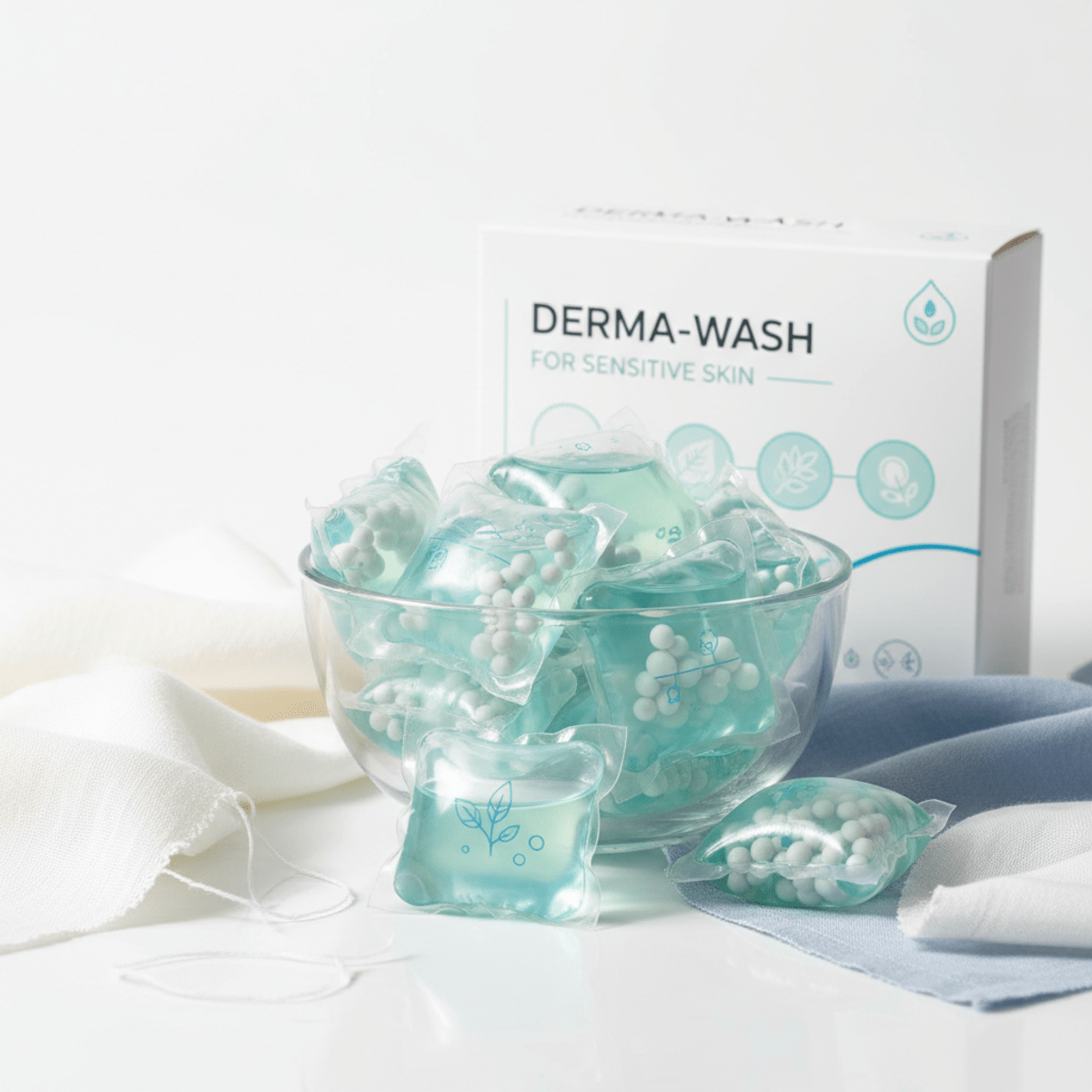 Gentle laundry detergent pods in a glass bowl with botanical accents.