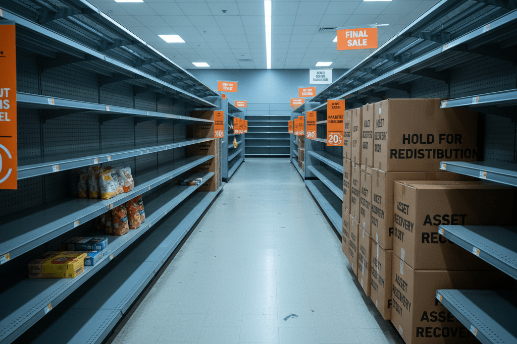 Quiet retail aisle with empty shelves and stacked boxes under fluorescent lights, symbolizing strategic downsizing