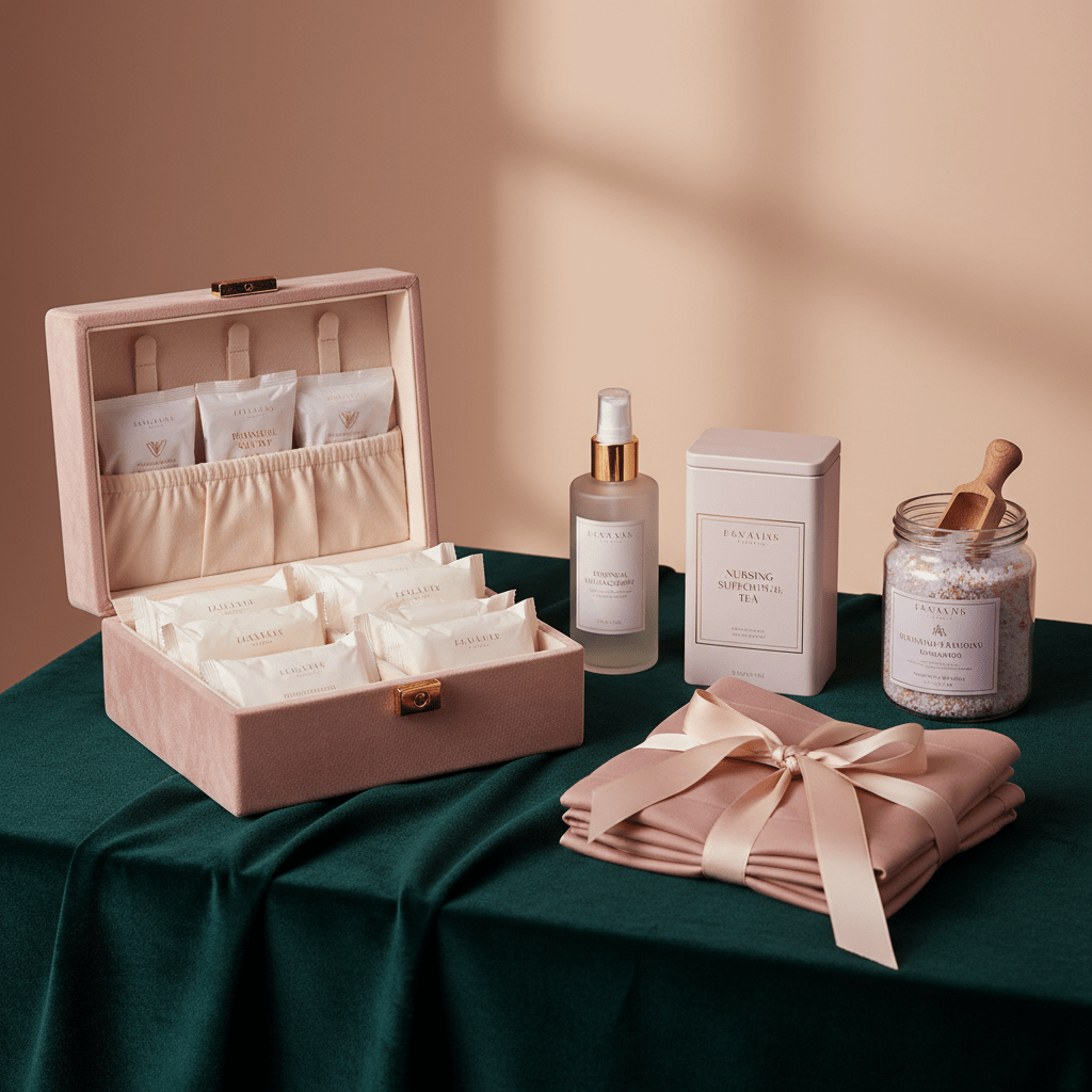 Luxurious postpartum gift kit arranged on a velvet table, featuring healing essentials.