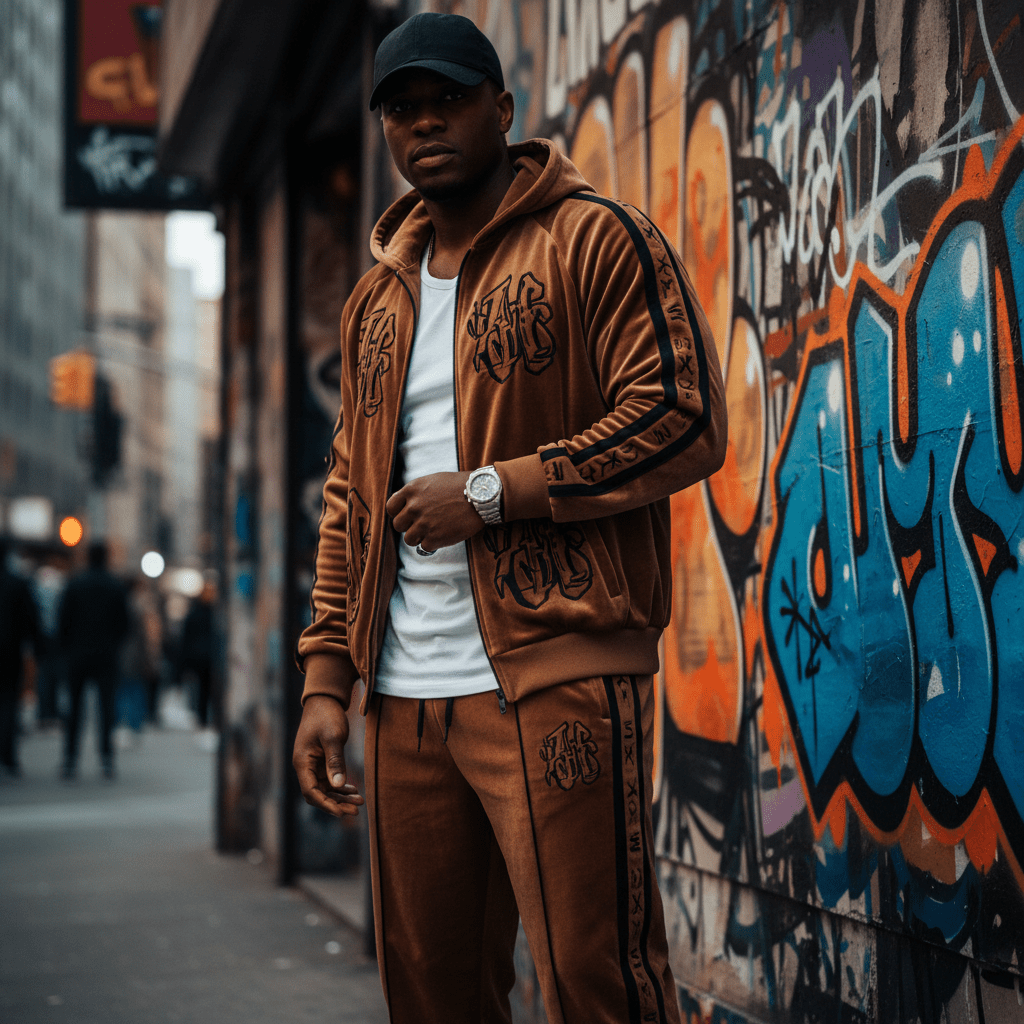 Male model in earth tone velour tracksuit, 2000s hip hop style, against graffiti wall.