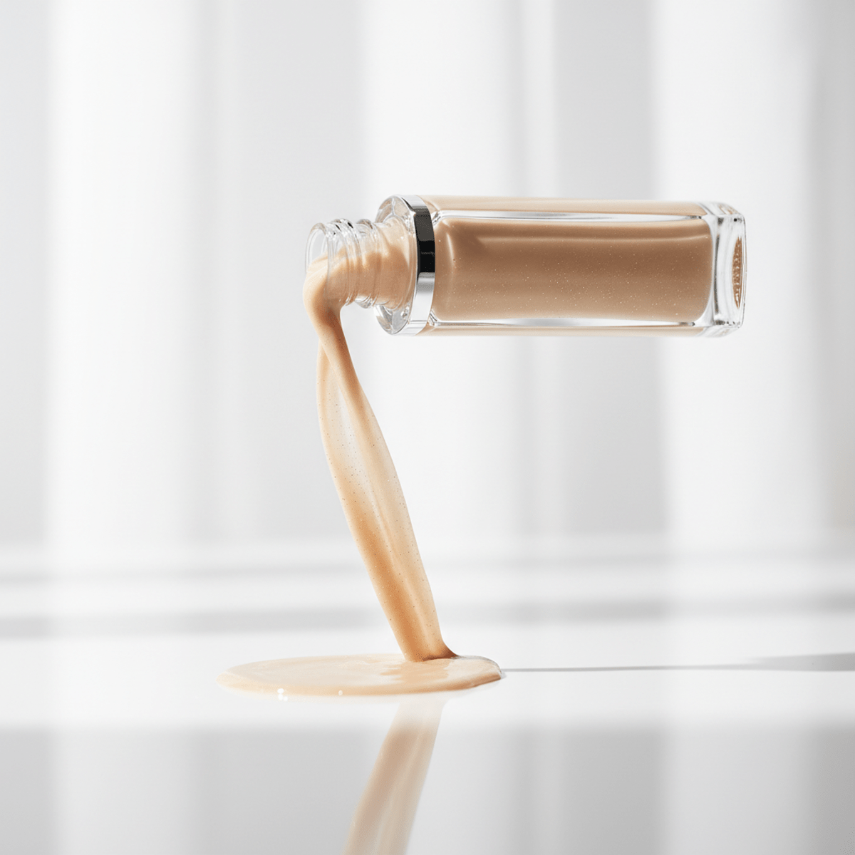 Close-up of serum foundation pouring, showing creamy beige tones and shimmering particles.