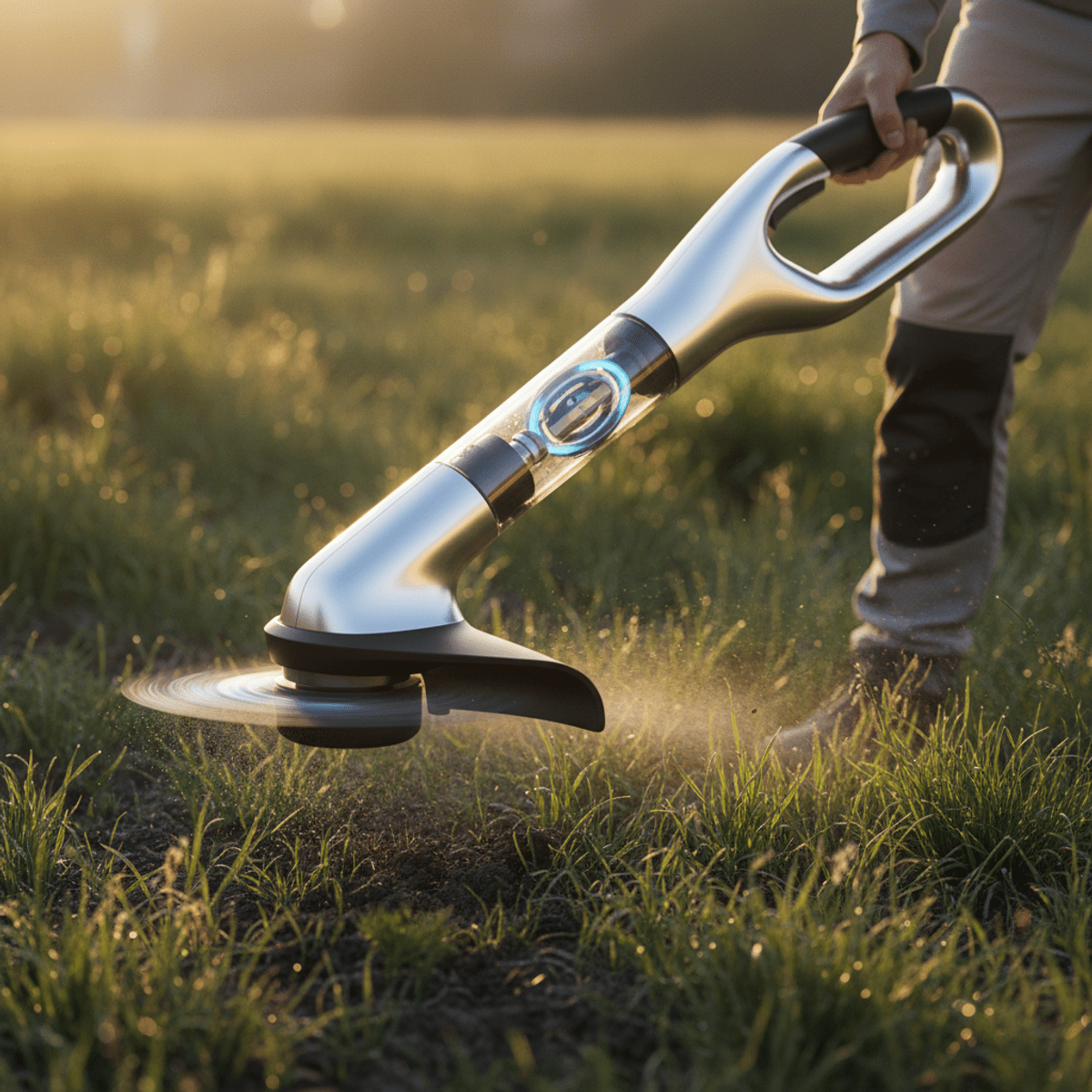 Futuristic ergonomic whipper snipper with illuminated gyroscopic core in action.