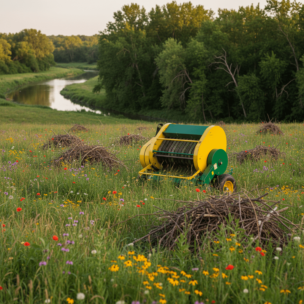Compact mini round baler works in a lush conservation meadow with native grasses and wildflowers.