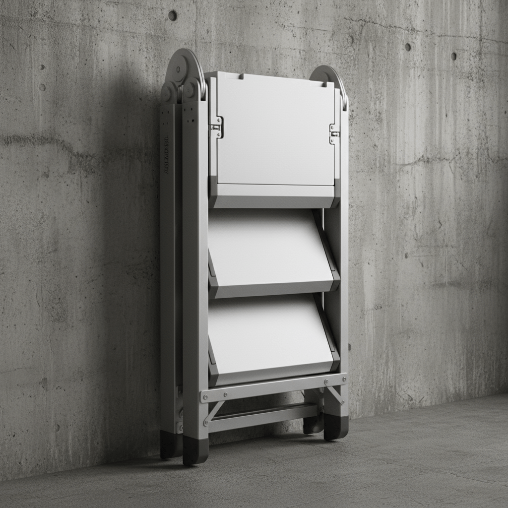 Sleek hybrid ladder folded with smooth aluminum surfaces and integrated tool holders.