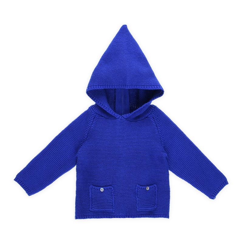Модная оптовая продажа; Однотонный синий вязаный свитер с капюшоном для маленьких мальчиков
