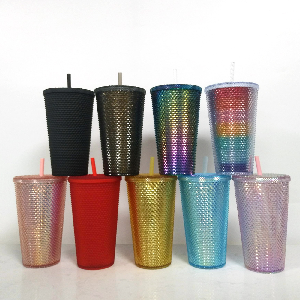 Новинка, Радужный металлический стакан со стразами и металлической поверхностью, 24 унции