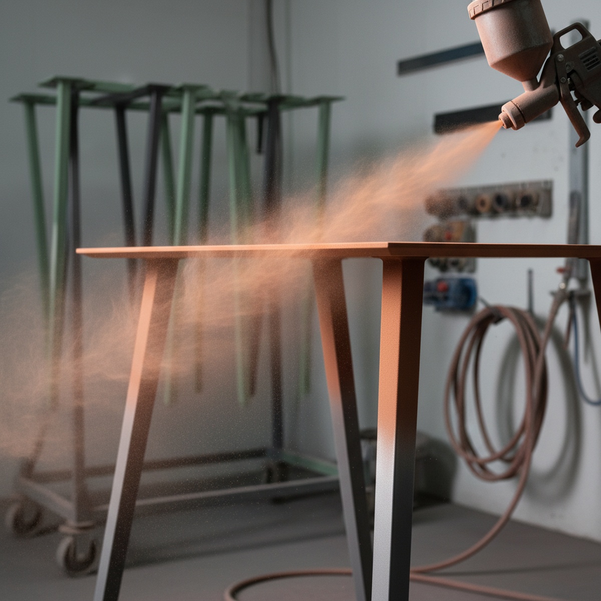 Powder coat gun spraying terracotta super-matte finish on metal table legs.