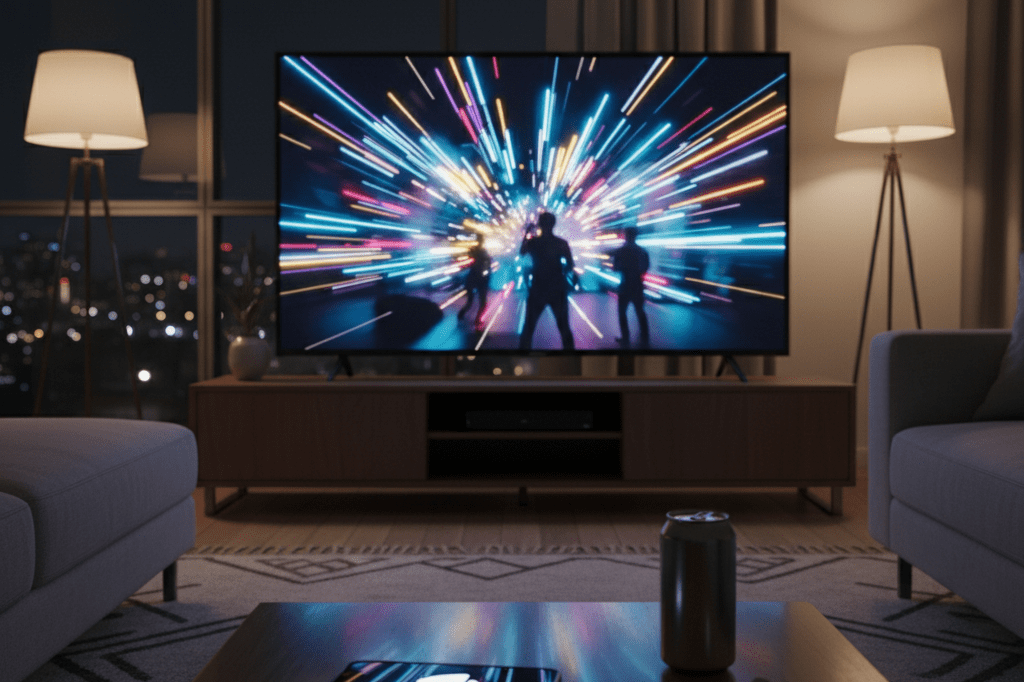 Medium shot of a living room with TV showing blurred concert lights and smartphone glowing with social notifications, ambient lighting, no people visible