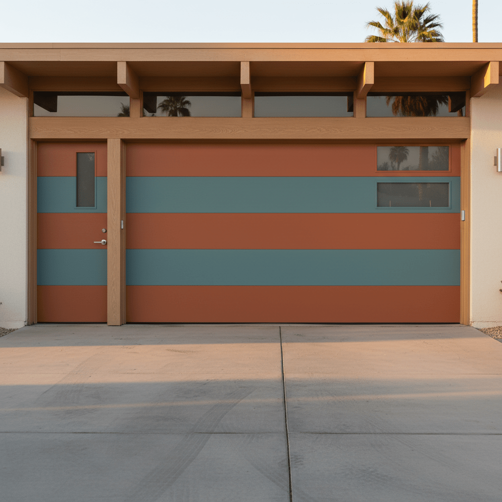 Mid-century modern garage door with pedestrian door in burnt orange and teal with geometric windows.