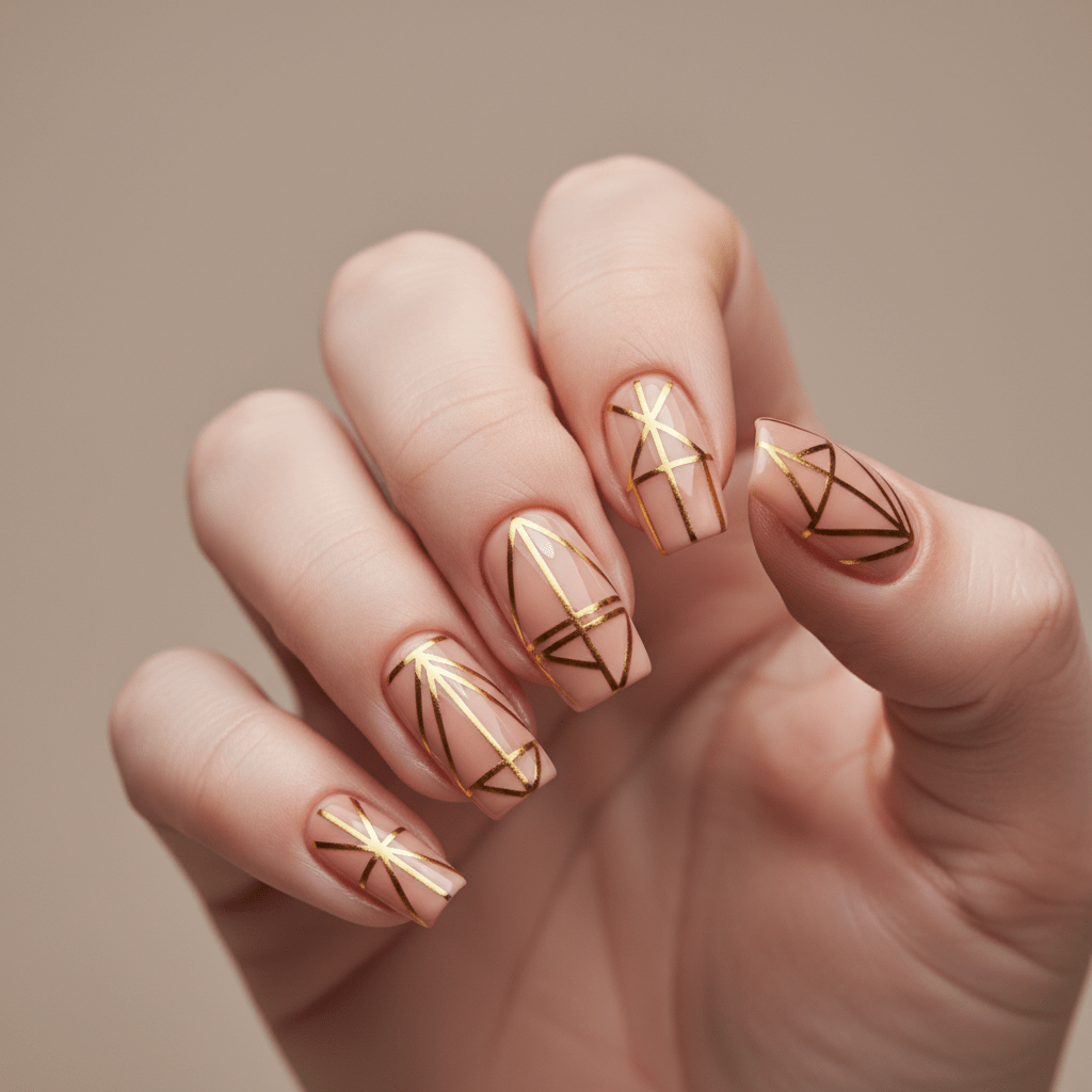 Modern acrylic nails with metallic gold razor lines creating optical illusion patterns.