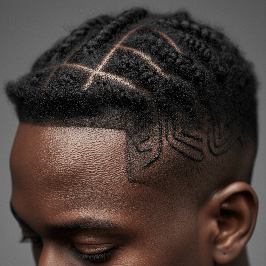Close-up of black male hairstyle with short fuse twists and abstract scalp designs.